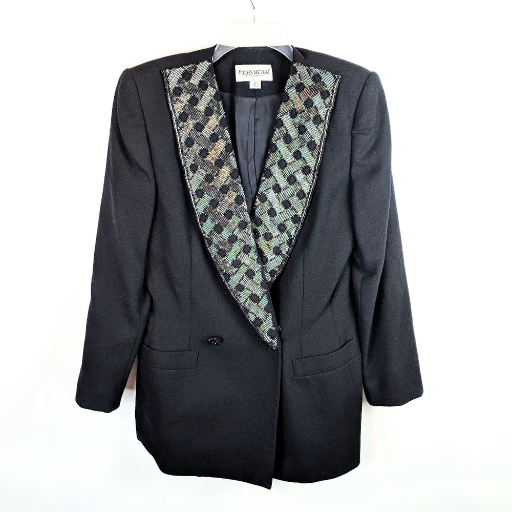 JOHN MEYER Vintage Black Beaded Collar Wool Double Breasted Blazer Size 10